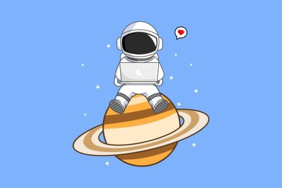 Astronaut Working on Laptop on Saturn