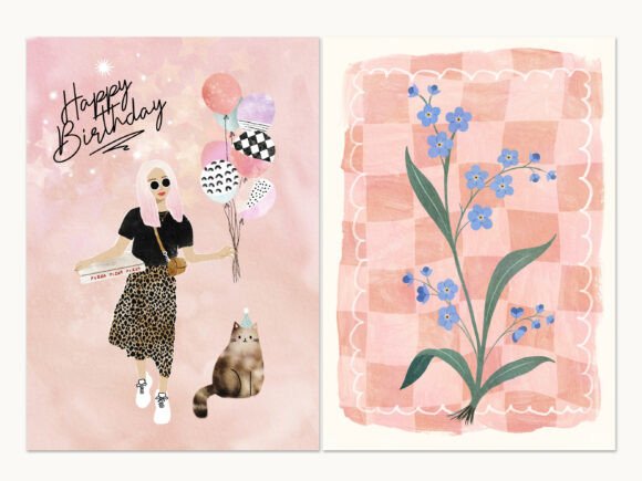 Blue Flowers Birthday Cat Cards Set: A Versatile Digital Asset for Creative Expression