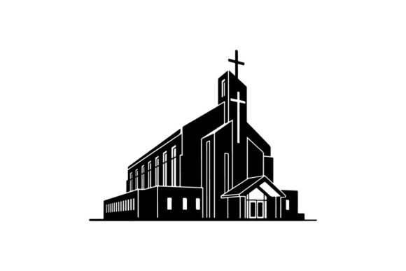 Modern Black and White Church Building Silhouette: A Versatile Design Asset