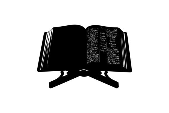 Open Black Bible on Wooden Lectern with Elegant Silhouette