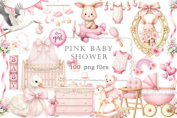 Pink Baby Shower Clipart Watercolor PNG: Elevating Celebrations with Delicate Design