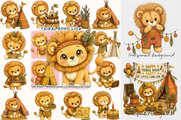 Tribal Boho Lion Cub Watercolor