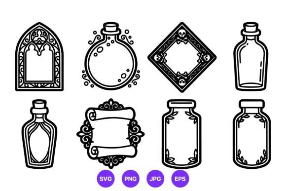Vintage Bottle and Ornate Frame Line Art: A Timeless Design Resource