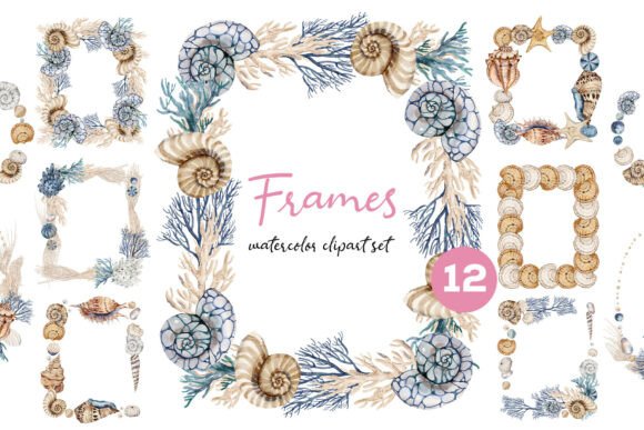 Watercolor Seashells Frames Clipart Set