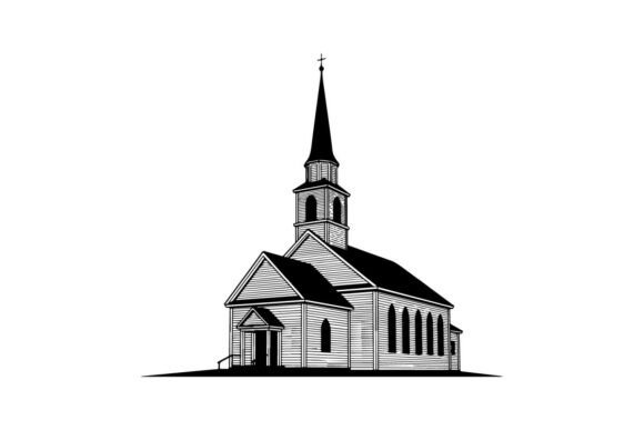 White Wooden Church Illustration with St: A Modern Silhouette for Creative Projects